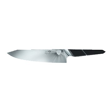 Dalstrong quantum 1 series 8 inch chef knife with dragon skin handle in all angles.