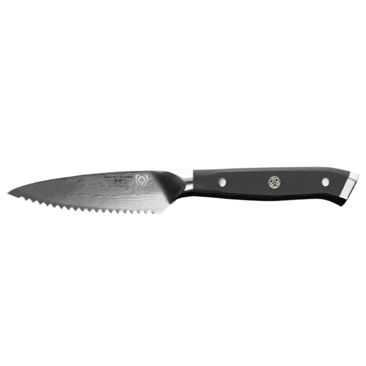 Dalstrong shogun series 3.5 inch serrated paring knife with black handle in all angles.