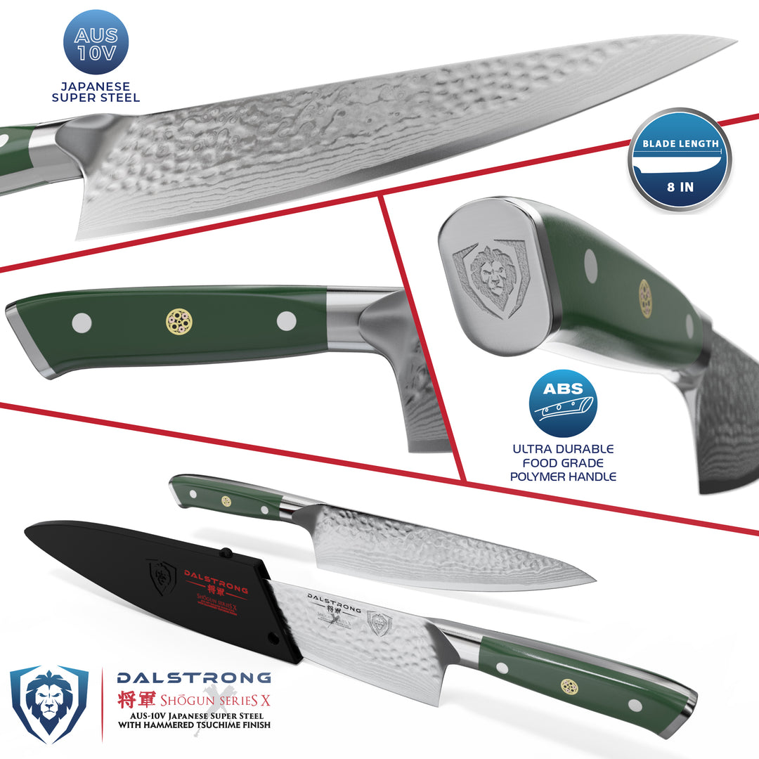 Dalstrong shogun series 8 inch chef knife featuring it's Japanese steel and ergonomic army green handle.