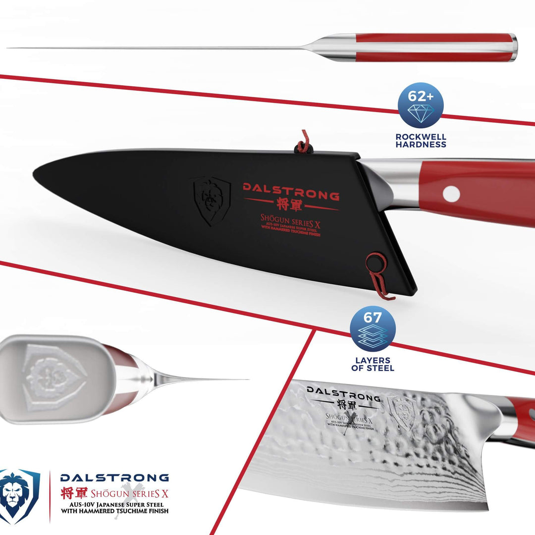 Dalstrong shogun series 8 inch chef knife with crimson red handle and black sheath featuring it's blade.