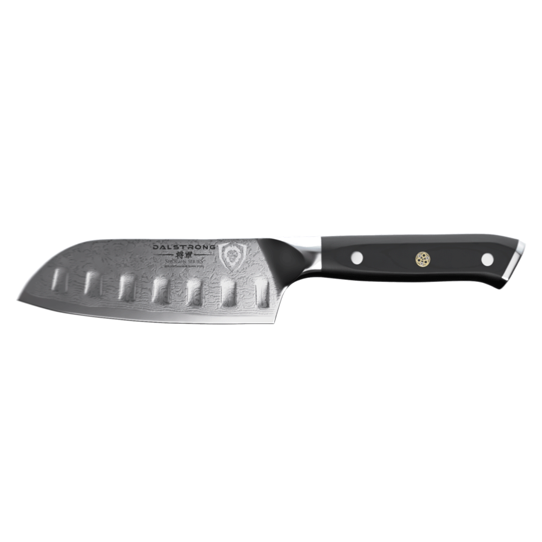 Dalstrong shogun series 5 inch santoku knife with black handle in all angles.