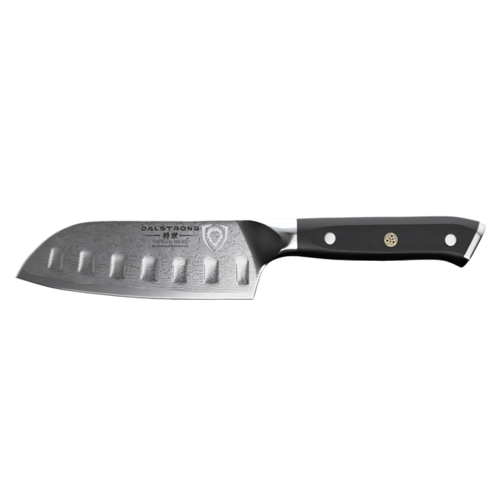 Dalstrong shogun series 5 inch santoku knife with black handle in all angles.