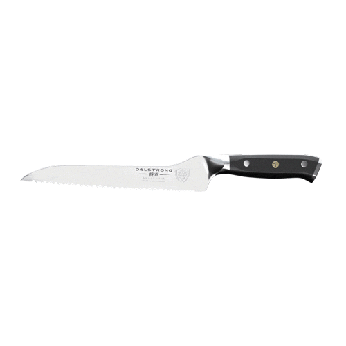 Dalstrong shogun series 8 inch serrated offset slicer knife with black handle in all angles.