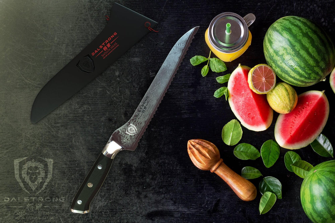 Dalstrong shogun series 8 inch serrated offset slicer knife with black handle and melons on the other side.