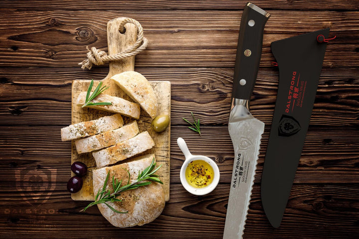 Dalstrong shogun series 8 inch offset slicer knife with black handle and slices of bread on a wooden board.