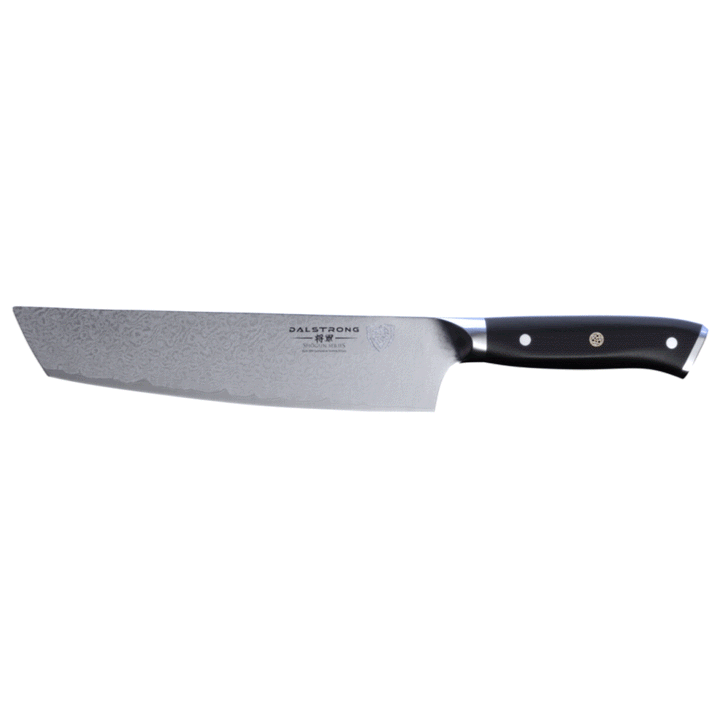 Dalstrong shogun series 8 inch tanto chef knife with black handle in all angles.