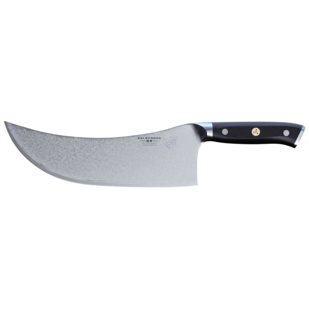 Dalstrong shogun series 9 inch ravager cleaver knife with black handle in all angles.