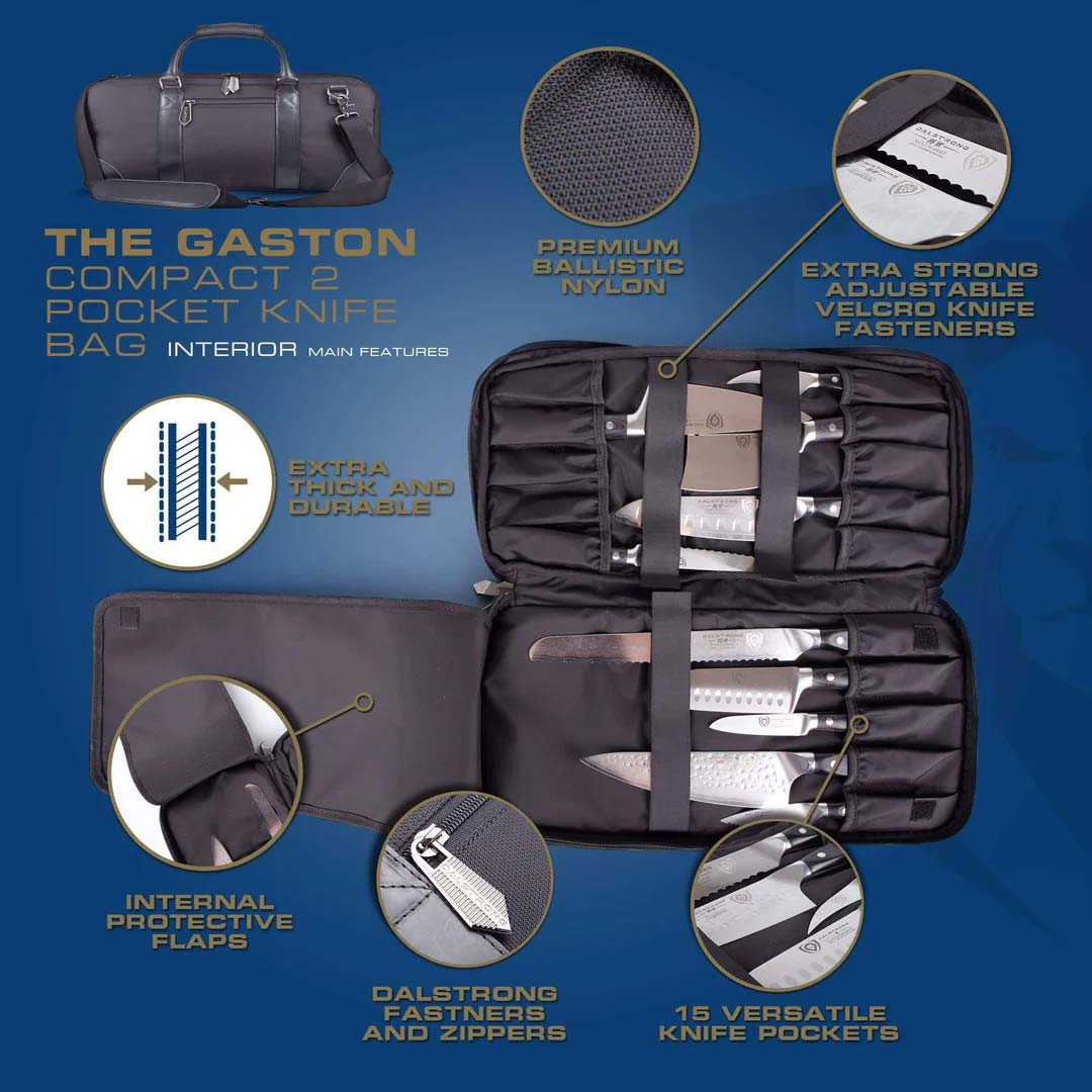 Dalstrong compact gaston 2 pocket knife bag featuring it's interior main design.