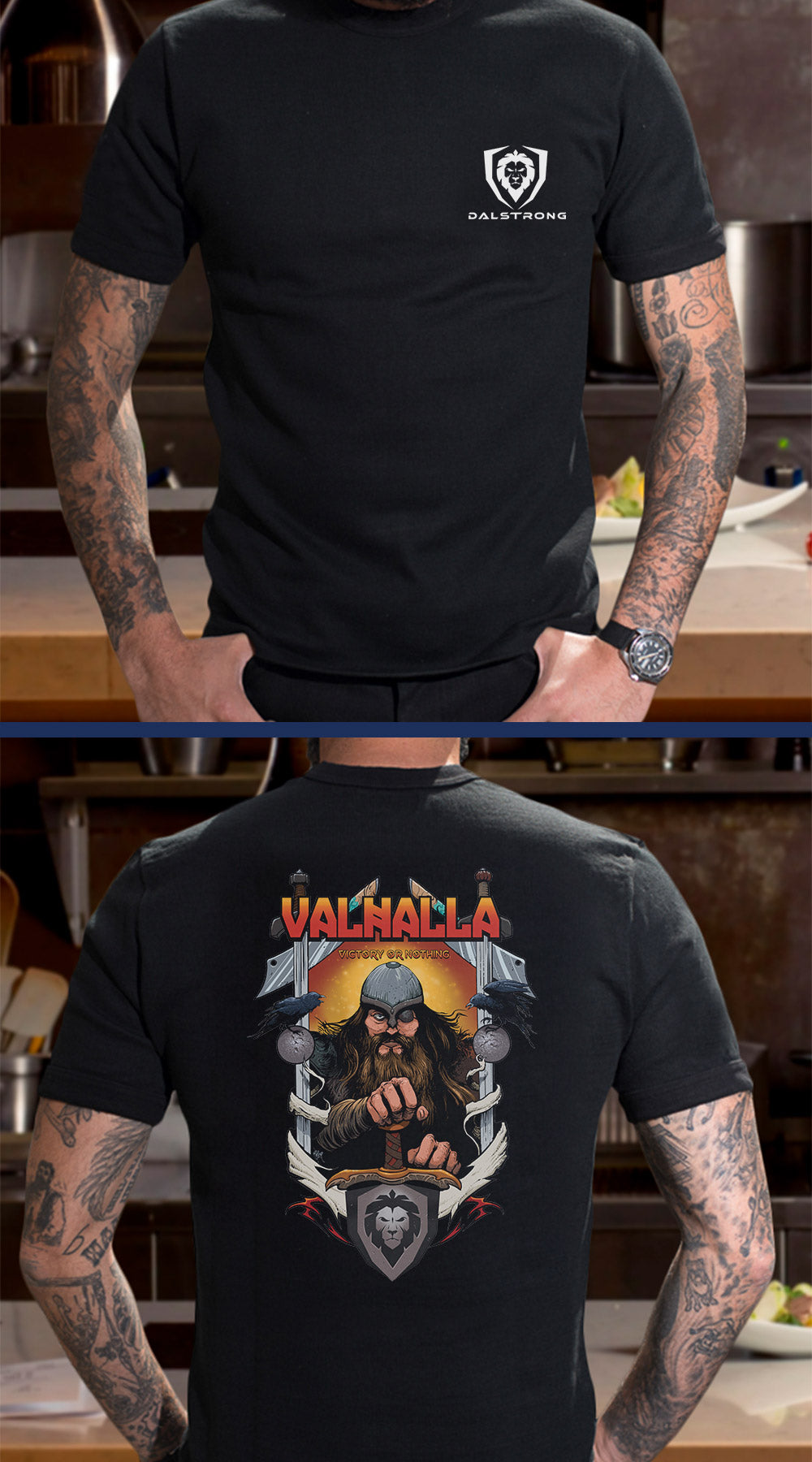 Dalstrong valhalla series tee x arik roper collab black front and back preview.