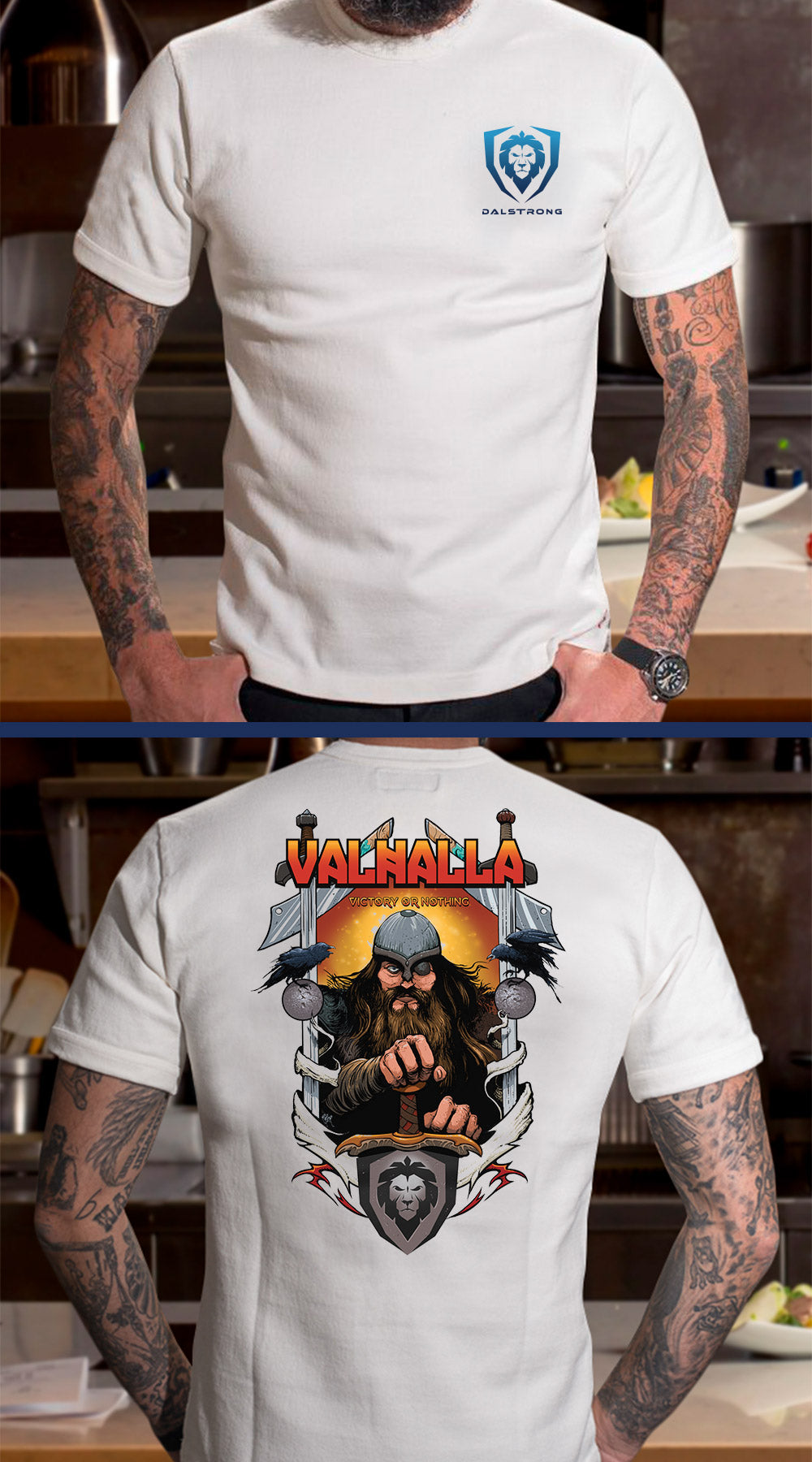 Dalstrong valhalla series tee x arik roper collab white front and back preview.