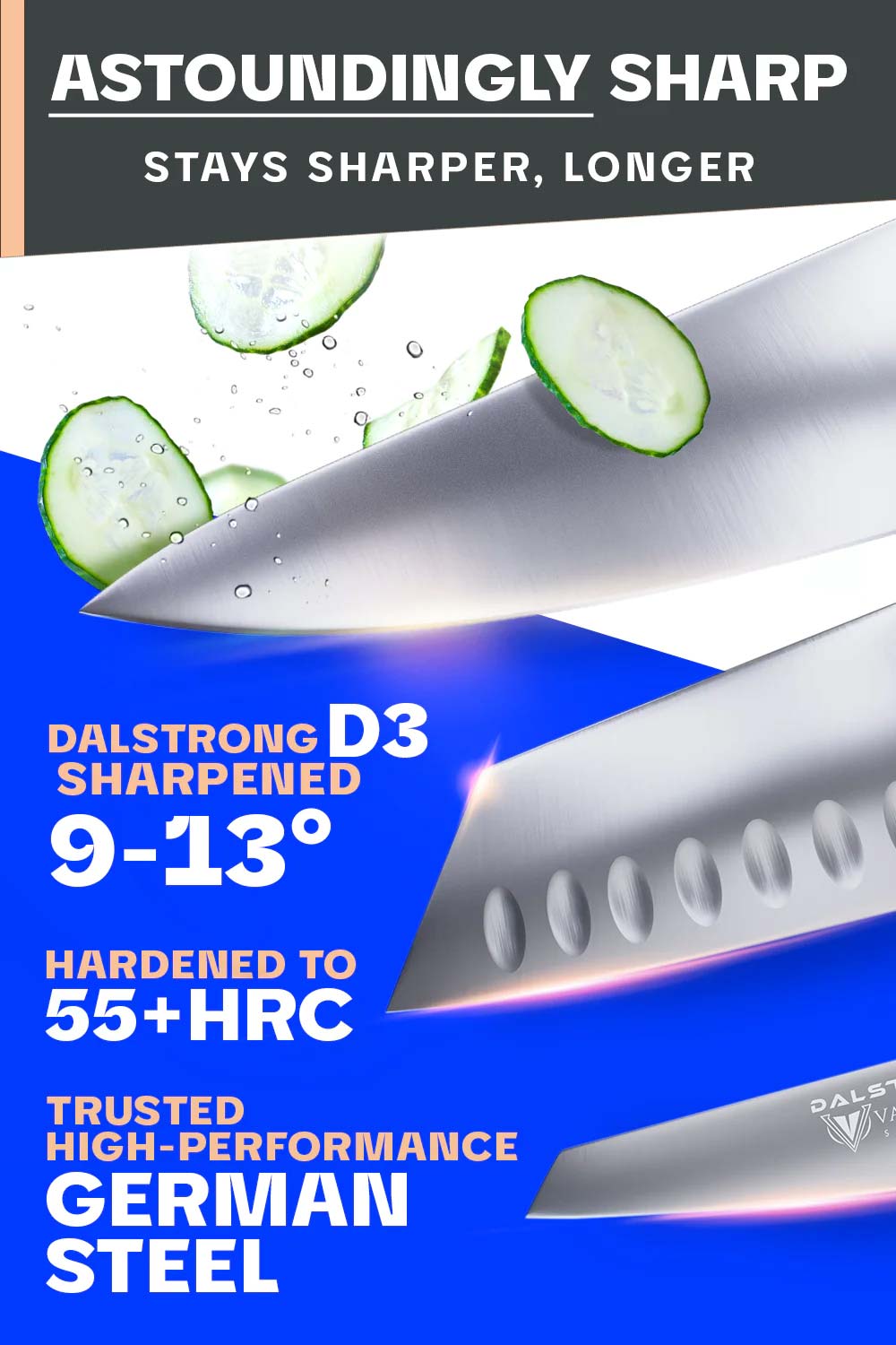 Dalstrong vanquish series 3 piece knife set with white handles featuring it's razor sharp blades.