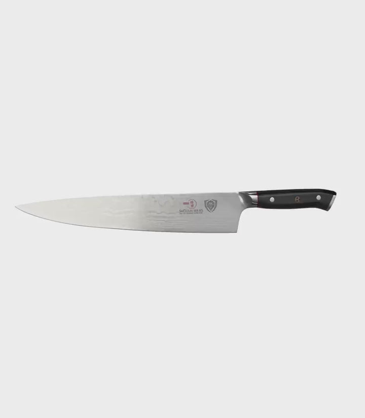 Dalstrong shogun series 12 inch chef knife with black handle in all angles.