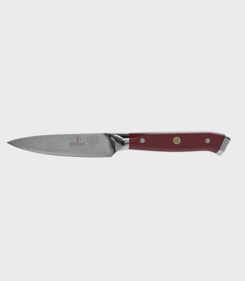 Dalstrong shogun series 3.5 inch paring knife with crimson red handle in all angles.