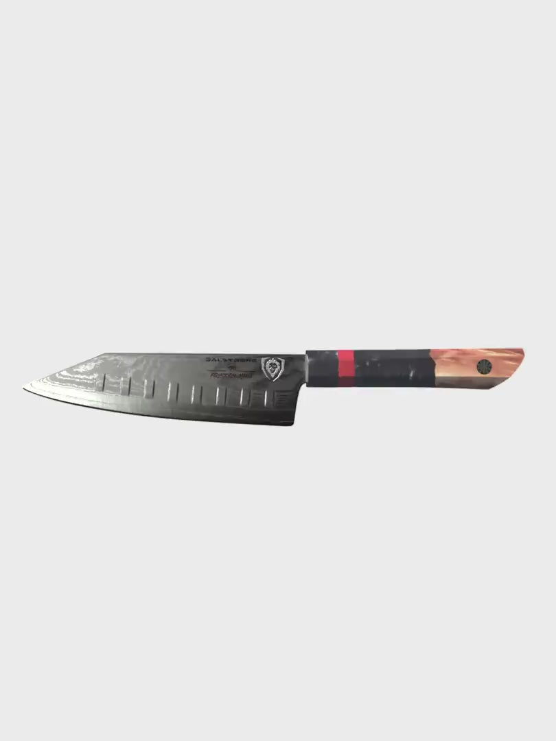 Dalstrong firestorm alpha series 7 inch santoku knife in all angles.