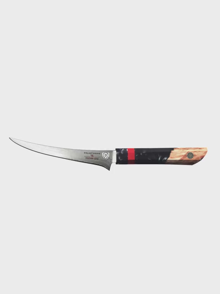 Dalstrong firestorm alpa series 6 inch curved boning knife in all angles.