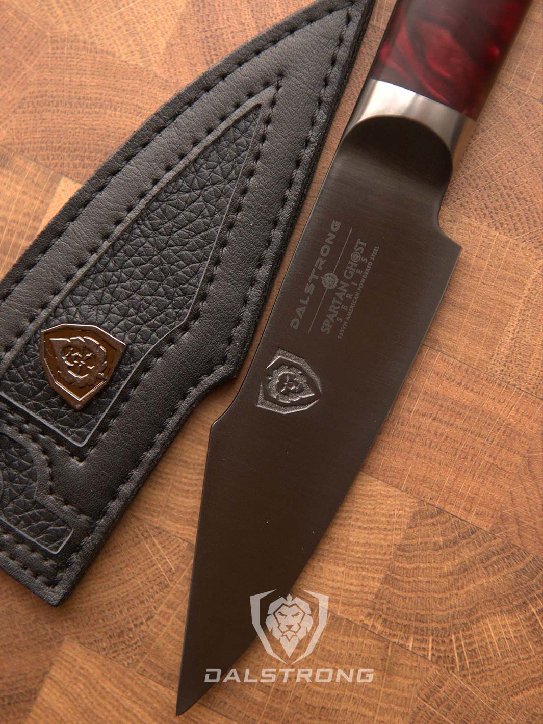 Dalstrong spartan ghost series 4 inch paring knife with wooden handle beside it's sheath.
