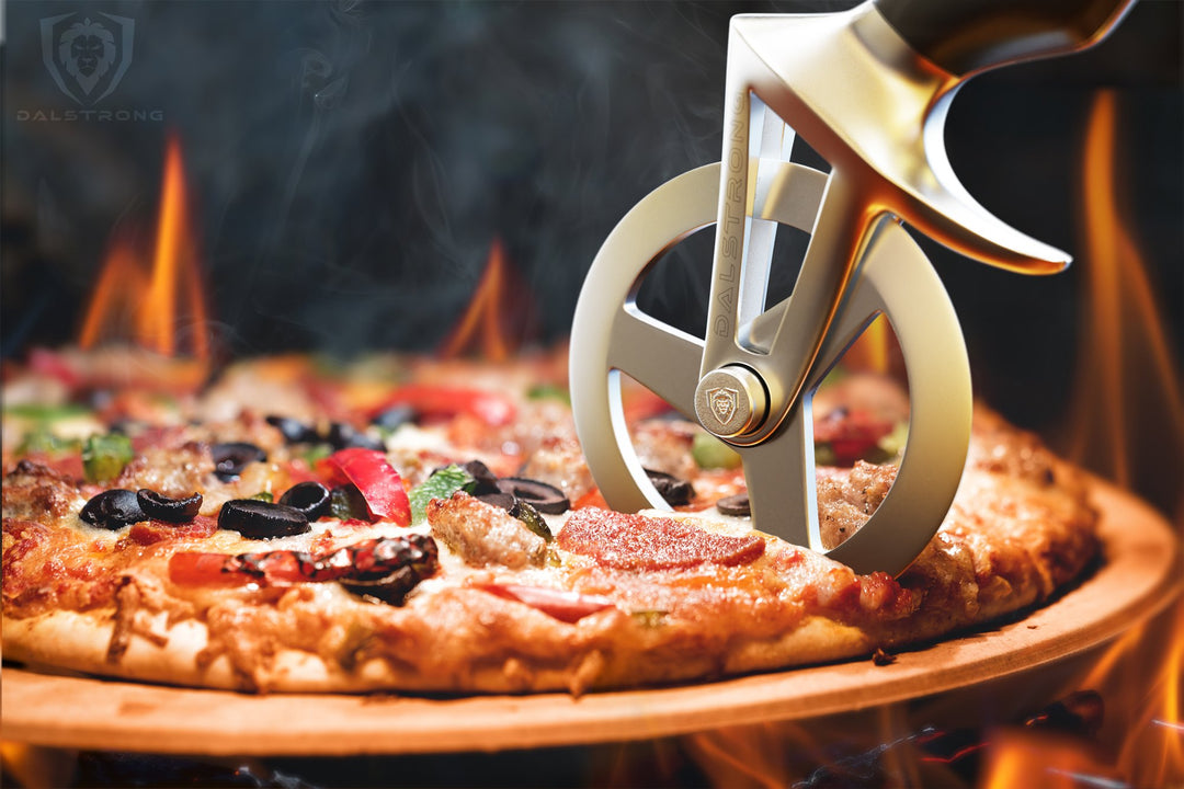 Pizza Cutter Slicing through cooked pizza with flames in the background