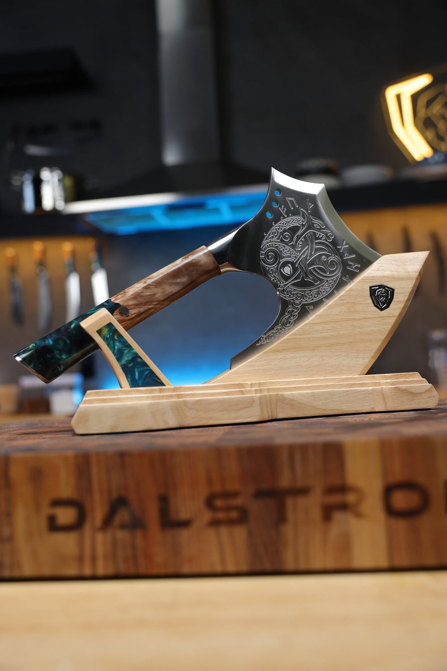 Valhalla Meat Axe on its included wood and resin stand