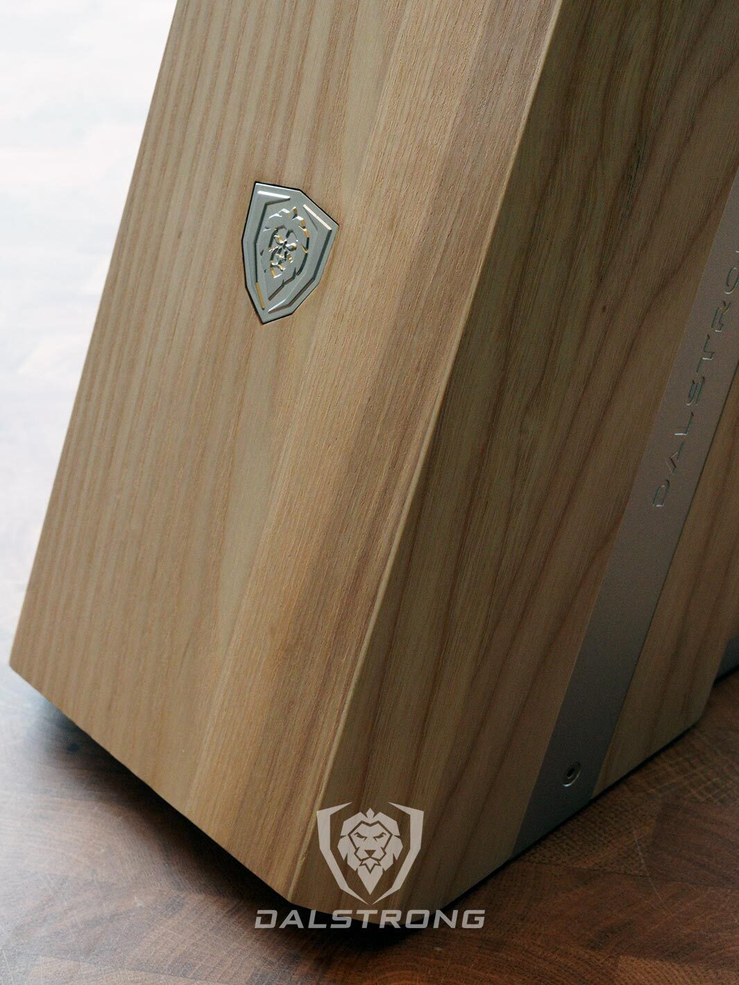 Dalstrong 18 slots universal knife block featuring it's wooden block with dalstrong logo.