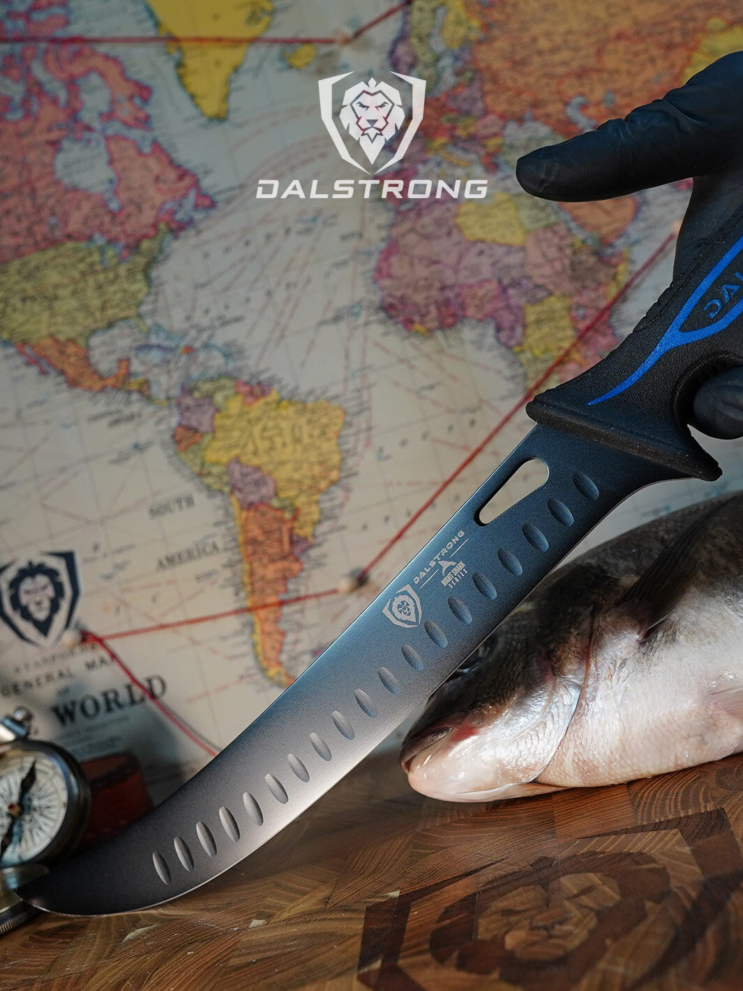 Dalstrong night shark series 10 inch butcher knife with shark skin handle above a cutting board with fish.