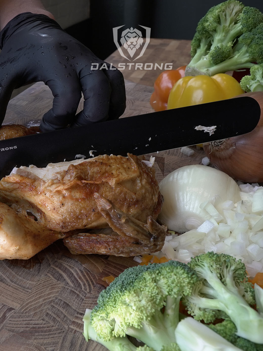 Dalstrong night shark series 12 inch slicing and carving knife with water proof handle slicing a roasted chicken.