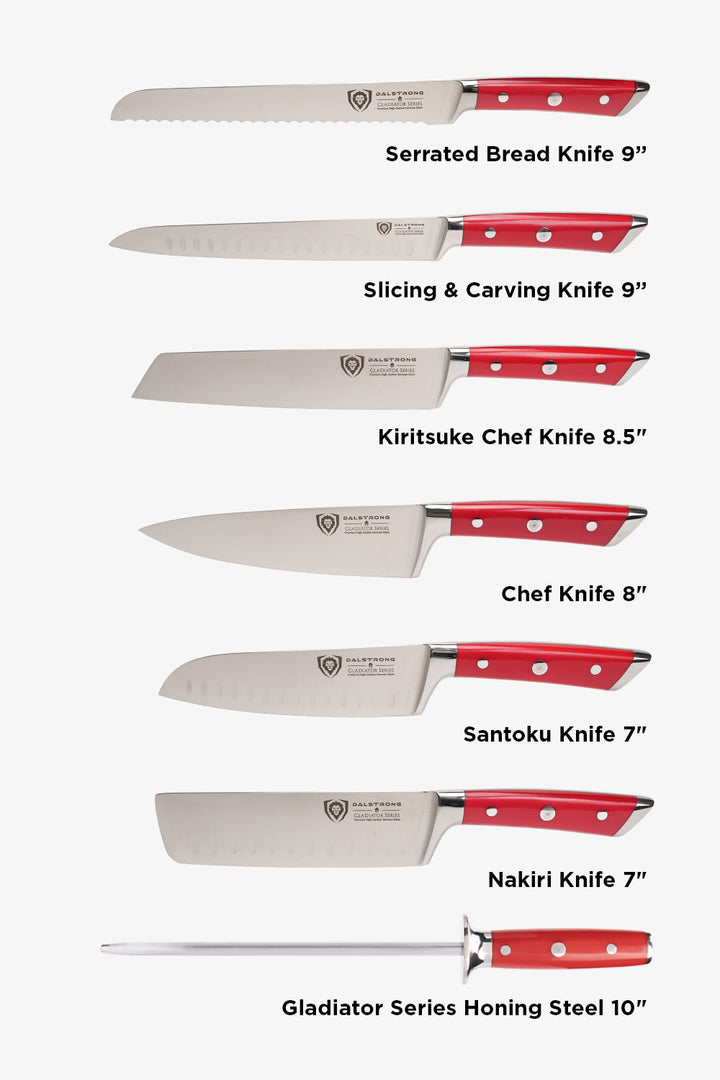 18-piece Colossal Knife Set with Block | Red Handles | Gladiator Series | Knives NSF Certified | Dalstrong ©