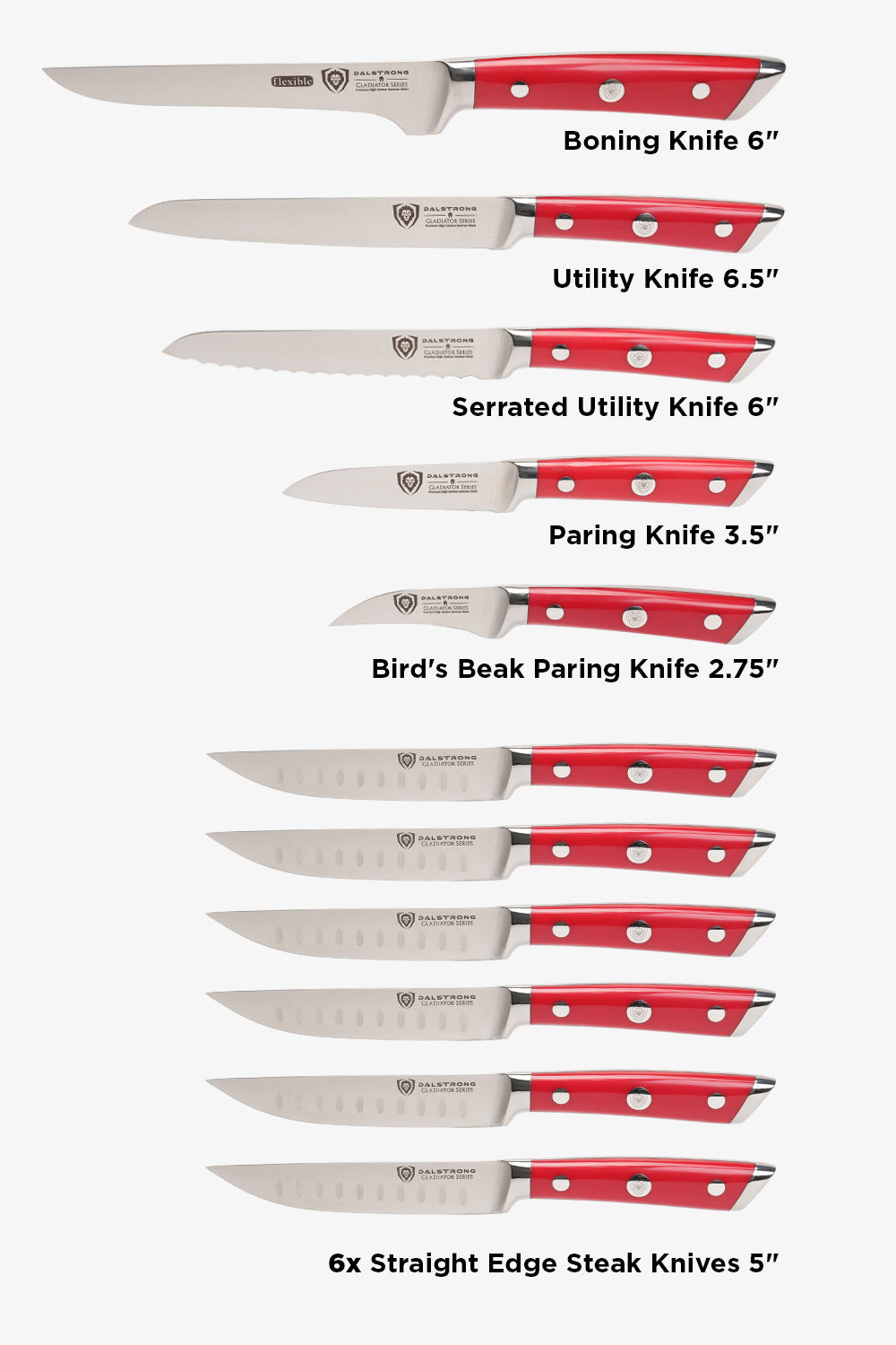 18-piece Colossal Knife Set with Block | Red Handles | Gladiator Series | Knives NSF Certified | Dalstrong ©