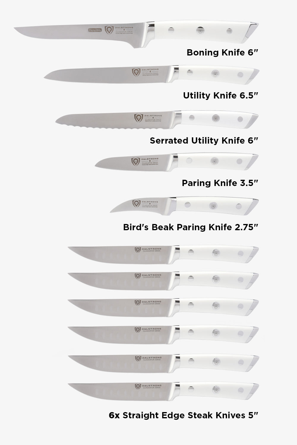 18-piece Colossal Knife Set with Block | White Handles | Gladiator Series | Knives NSF Certified | Dalstrong ©