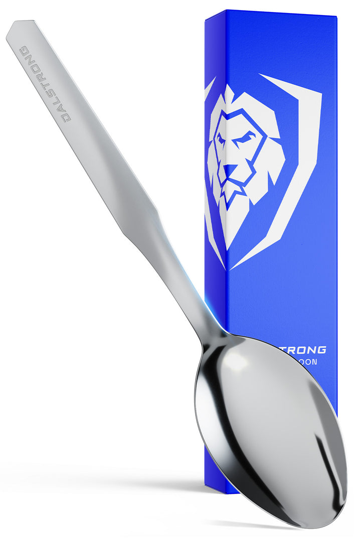 Dalstrong professional chef tasting and plating spoon in front of it's premium packaging.
