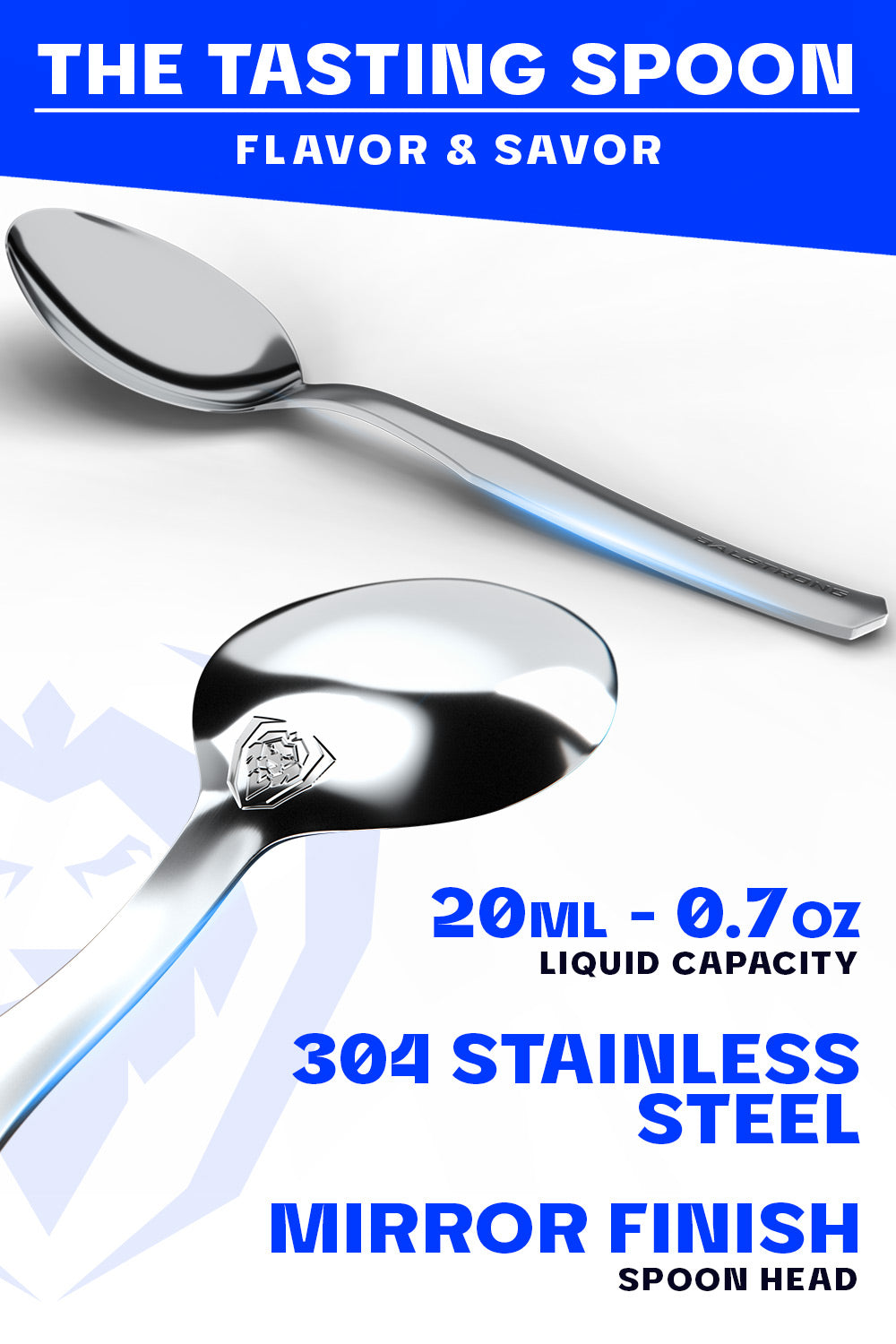 Dalstrong professional chef tasting and plating spoon featuring it's stainless steel and mirror finish spoon head.