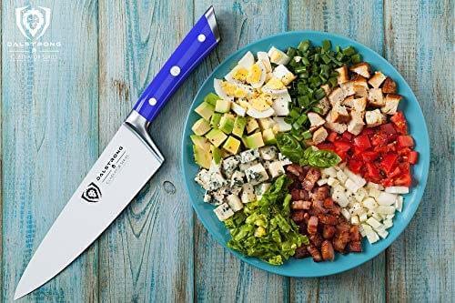 Dalstrong gladiator series 8 inch chef knife with blue handle and delicious salad in a plate.