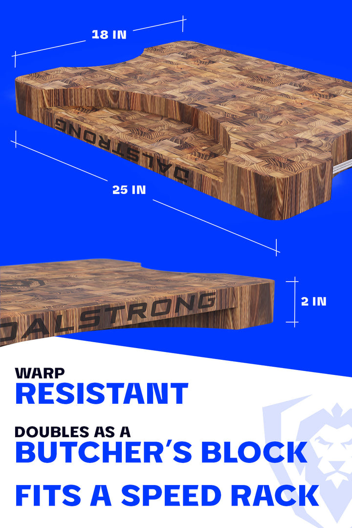 Dalstrong lionswood colossal teak cutting board showcasing it's warp resistant board.