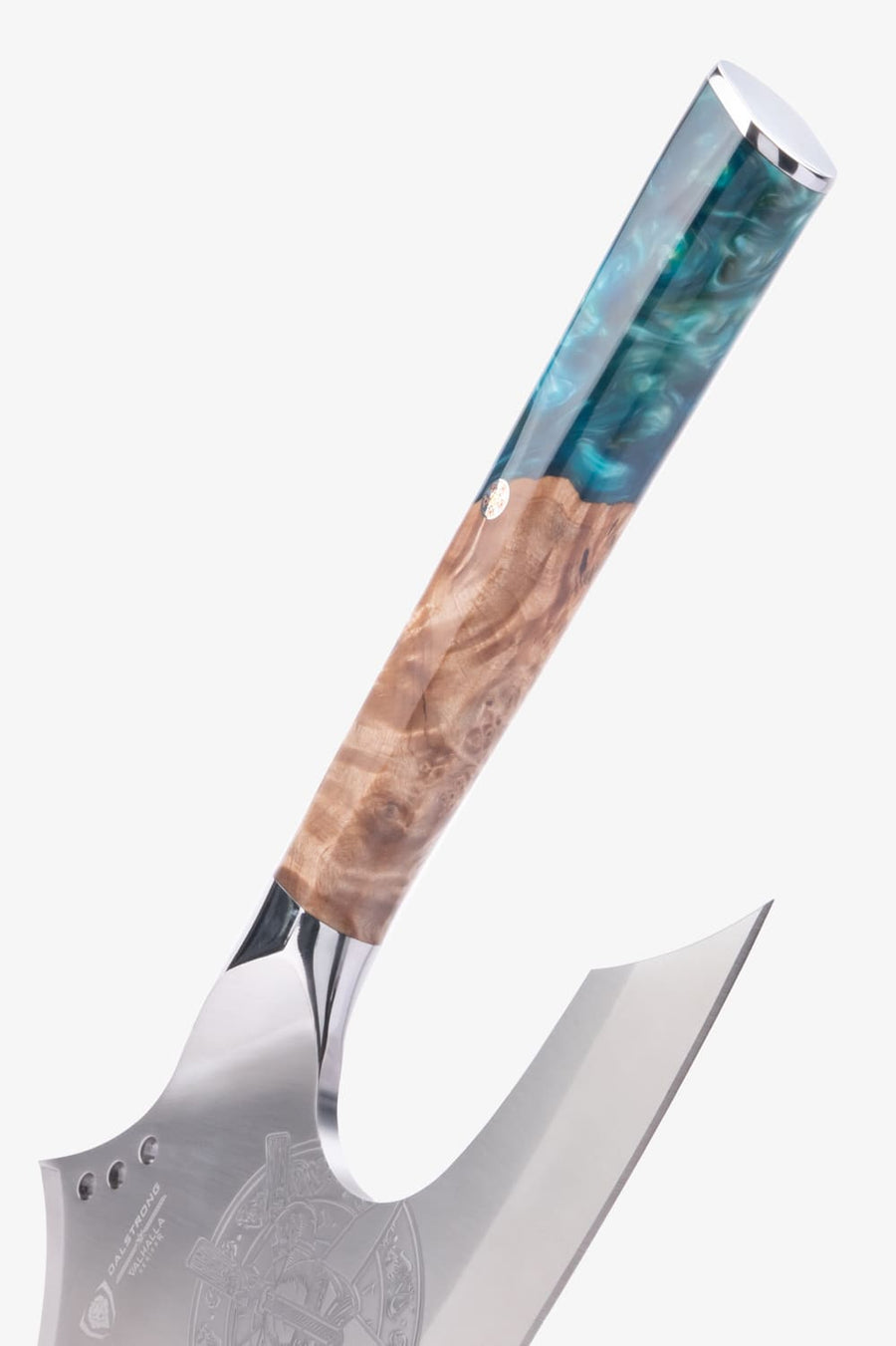 Close-up of the wood and blue resin handle