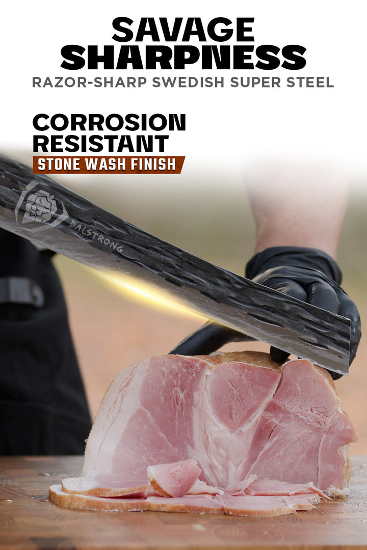 Dalstrong barbarian series 12 inch carving knife featuring it's razor sharp blade.