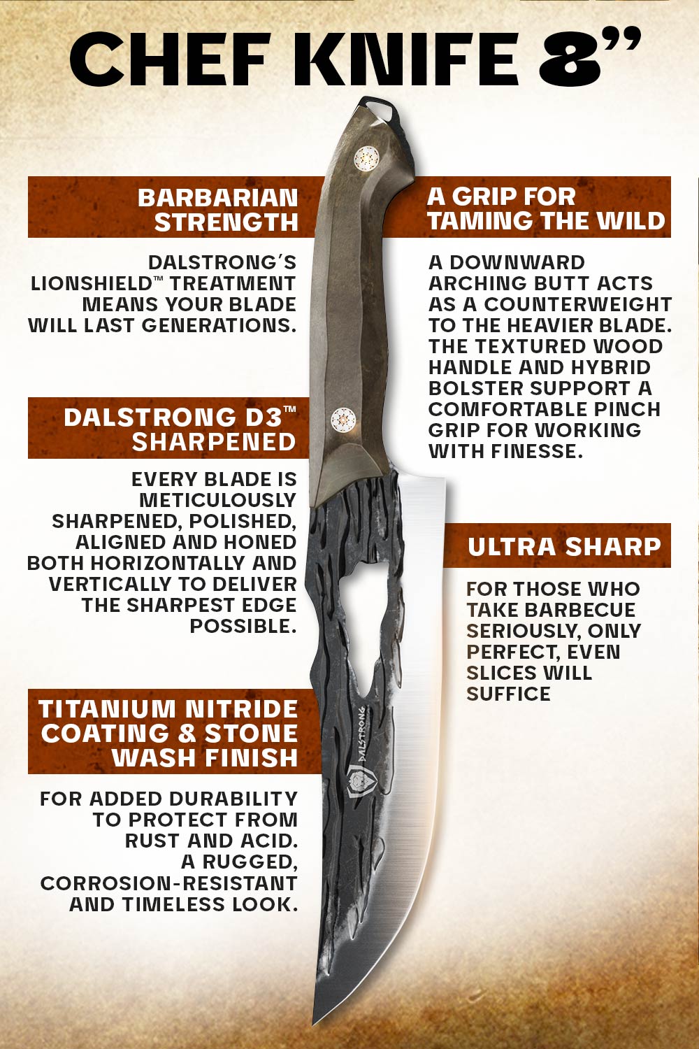 Dalstrong barbarian series 8 inch chef knife with wooden handle specification.