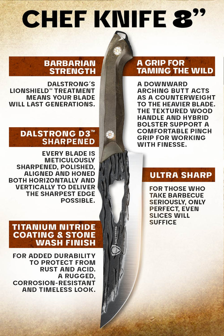 Dalstrong barbarian series 8 inch chef knife with wooden handle specification.