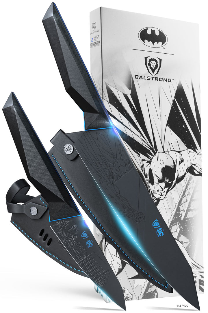 Dalstrong shadow black series 2 piece knife set batman edition in front of it's premium packaging.