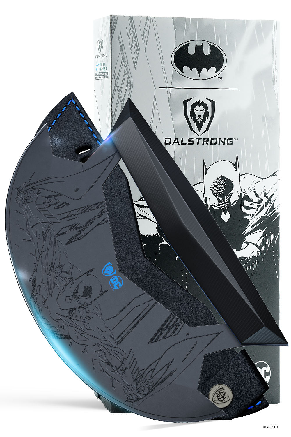 Dalstrong shadow black series batman edition 7 inch ulu knife in front of it's premium packaging.