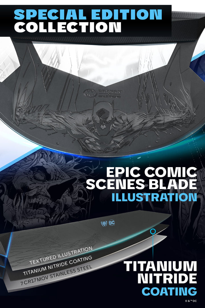 Dalstrong shadow black series batman edition 7 inch ulu knife showcasing it's comic scenes blade coating.