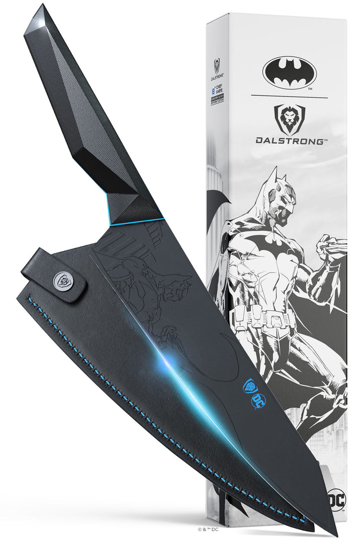 Dalstrong shadow black series 8 inch chef knife batman edition in front of it's premium packaging.