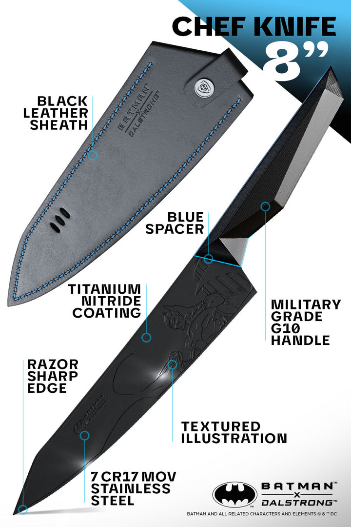 Dalstrong shadow black series 8 inch chef knife batman edition specification.