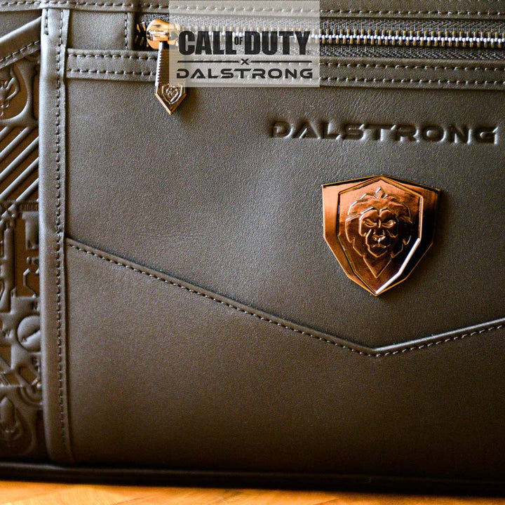Dalstrong call of duty exclusive collector and limited edition black genuine leather knife bag showcasing it's exterior design.