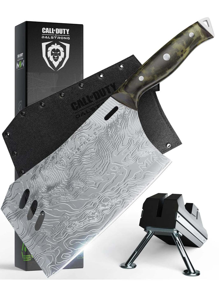 Dalstrong call of duty series obliterator cleaver knife in front of it's premium packaging.
