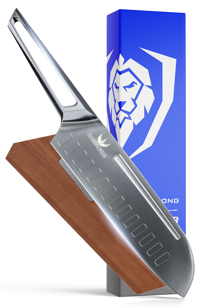 Dalstrong crusader series 7 inch santoku knife with german steel handle in front of it's premium packaging.