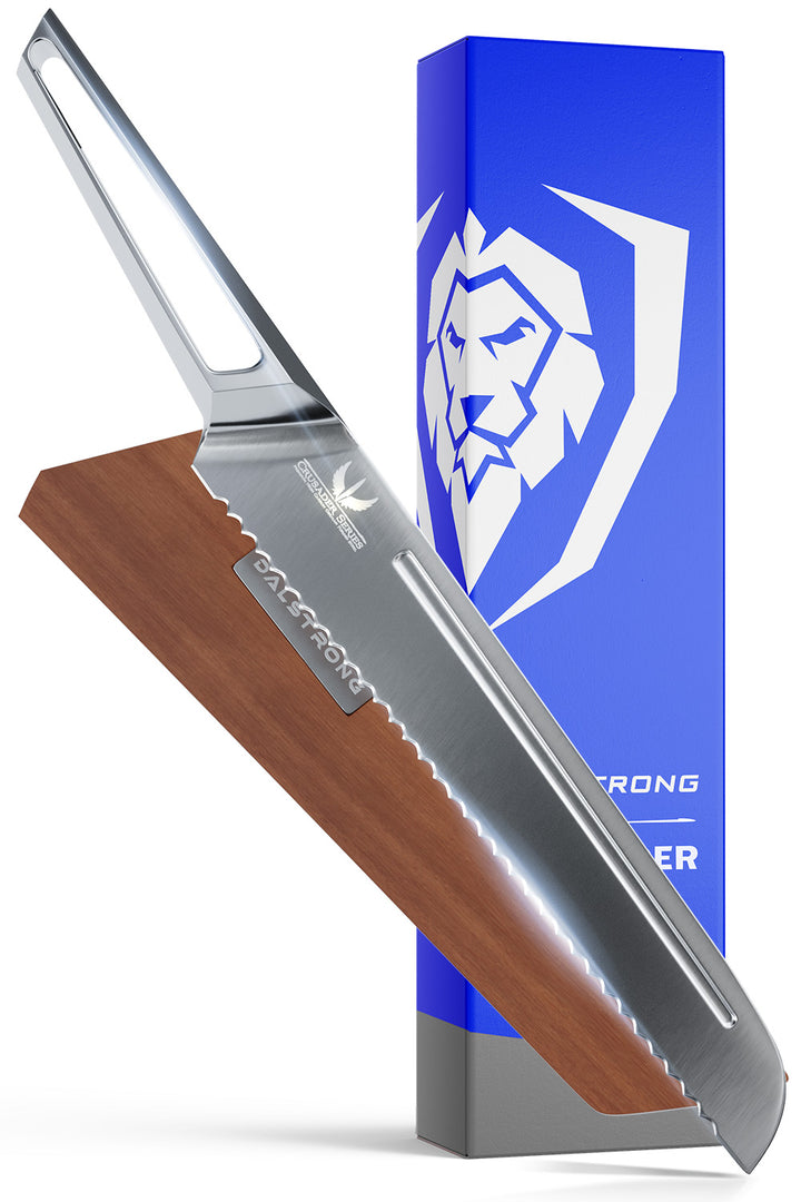 Dalstrong crusader series 8 inch bread knife with german steel handle in front of it's premium packaging.