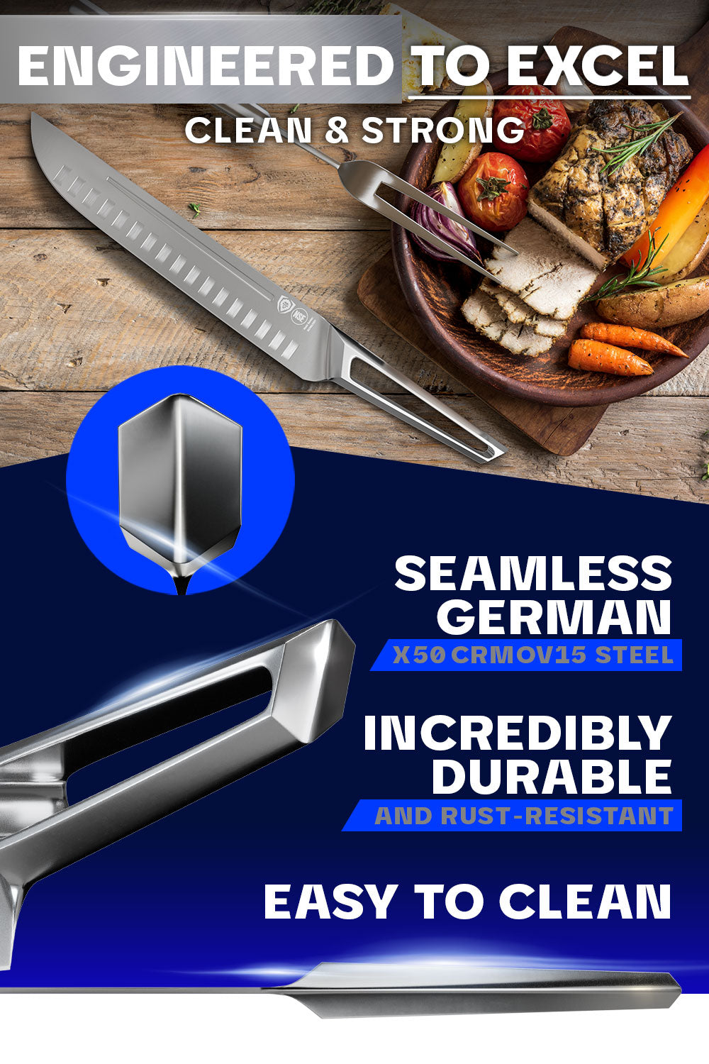 Dalstrong crusader series carving and fork set featuring it's german steel handle.