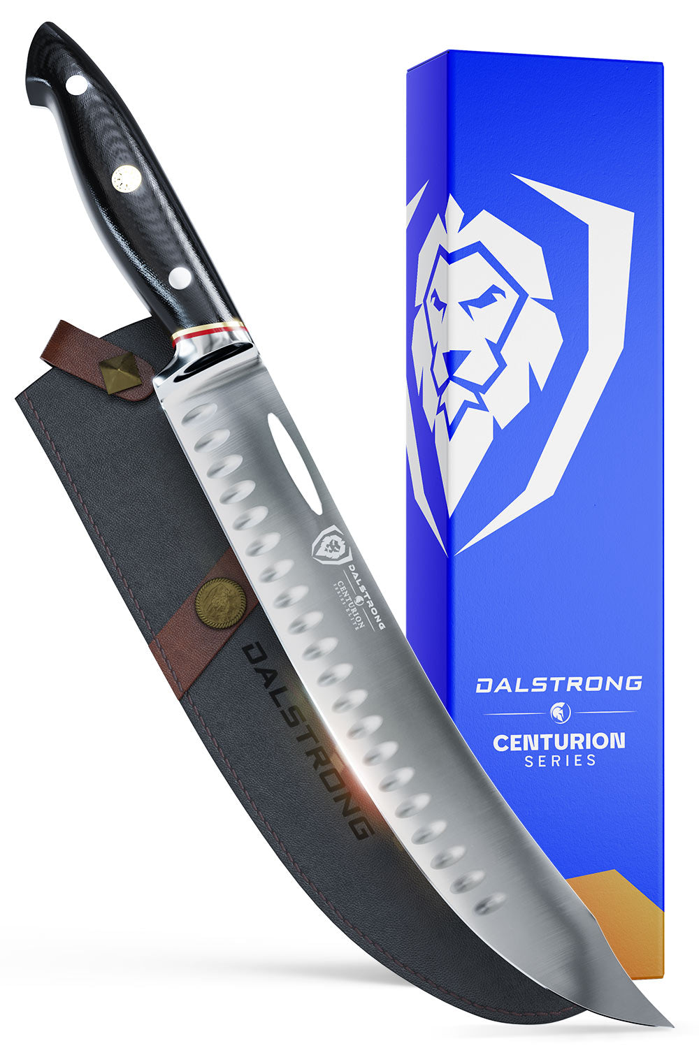 Dalstrong centurion series 10 inch butcher and breaking knife in front of it's premium packaging.