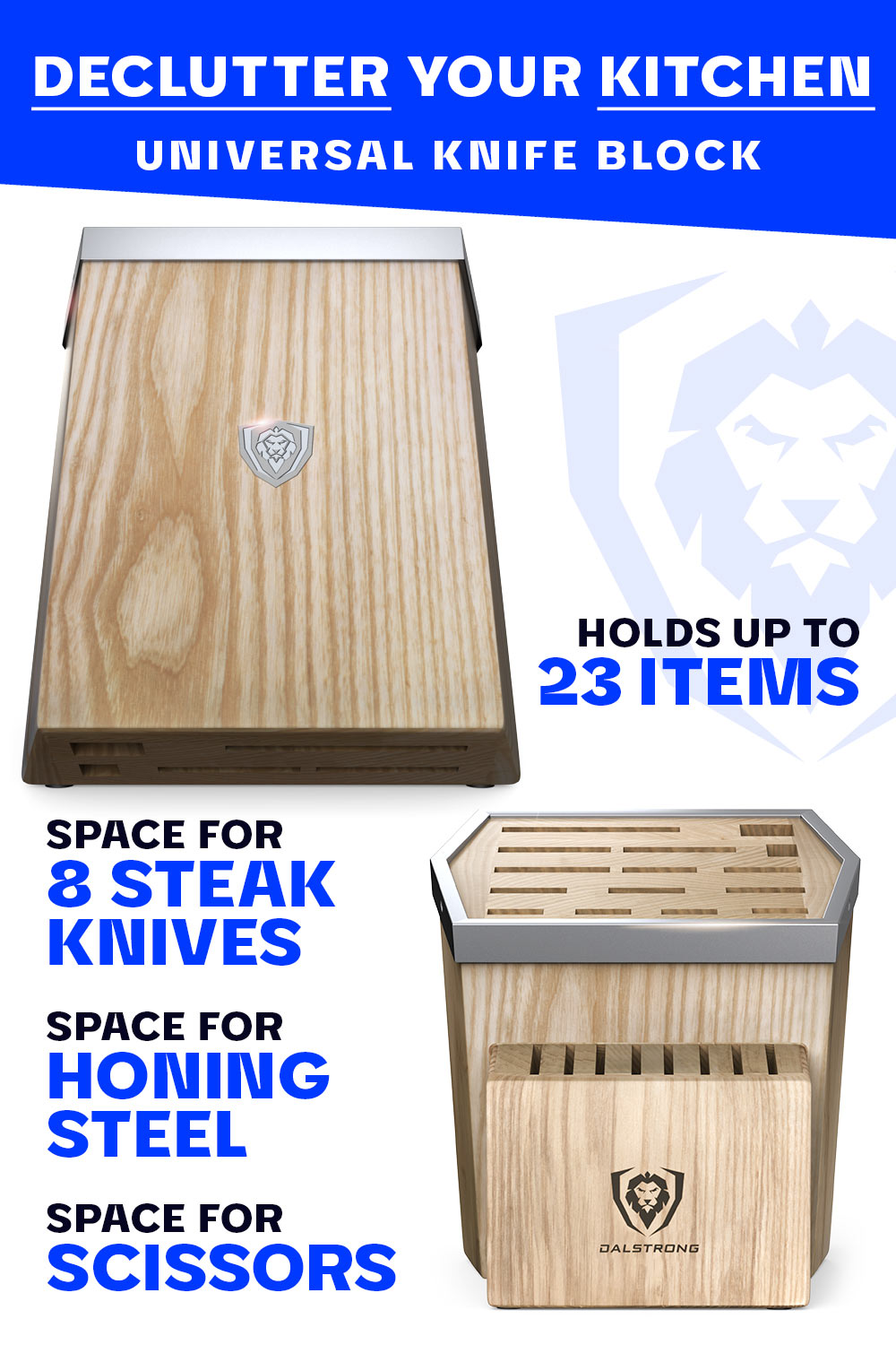 Dalstrong 23 slots universal knife block featuring it's 23 slotted wooden knife block.