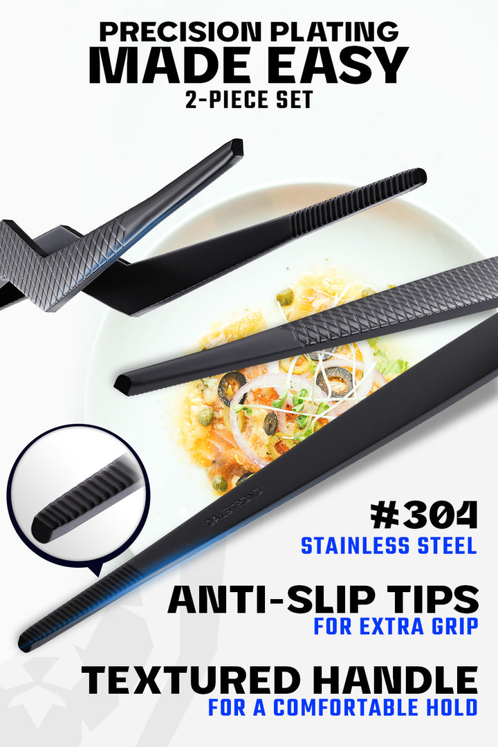Dalstrong 10 inch straight and 6.5 offet professional plating set featuring it's textured handle and anti-slip tips.