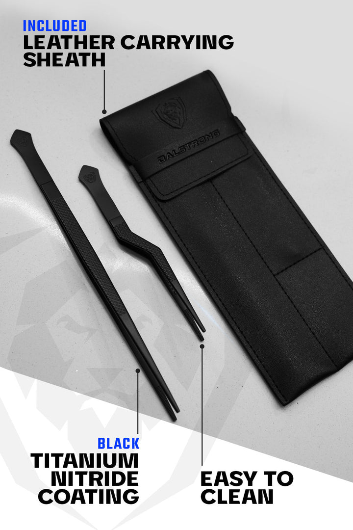 Dalstrong 10 inch straight and 6.5 offet professional plating set showcasing it's leather carrying sheath.